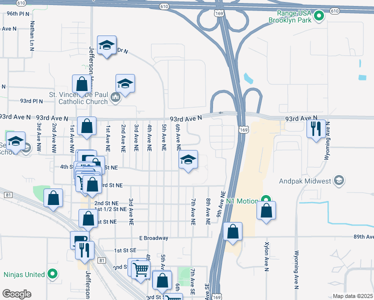 map of restaurants, bars, coffee shops, grocery stores, and more near 509 6th Avenue Northeast in Osseo