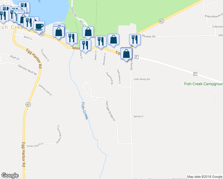 map of restaurants, bars, coffee shops, grocery stores, and more near 9279 Greywood Road in Fish Creek