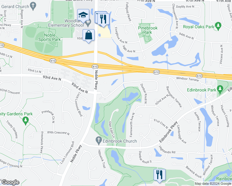 map of restaurants, bars, coffee shops, grocery stores, and more near 4109 93rd Avenue North in Minneapolis