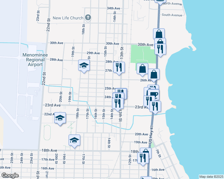 map of restaurants, bars, coffee shops, grocery stores, and more near 2400-2498 14th Street in Menominee
