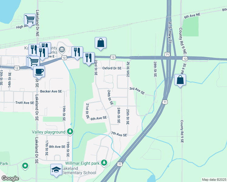 map of restaurants, bars, coffee shops, grocery stores, and more near 2409 3rd Avenue Southeast in Willmar