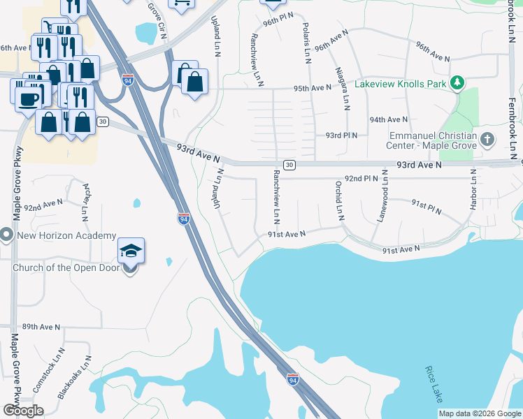 map of restaurants, bars, coffee shops, grocery stores, and more near 9194 Shenandoah Lane North in Maple Grove