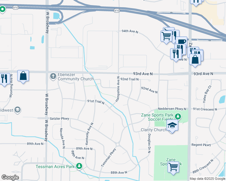 map of restaurants, bars, coffee shops, grocery stores, and more near 6711 92nd Avenue North in Minneapolis