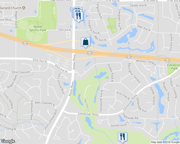 map of restaurants, bars, coffee shops, grocery stores, and more near 4101 93rd Avenue North in Minneapolis