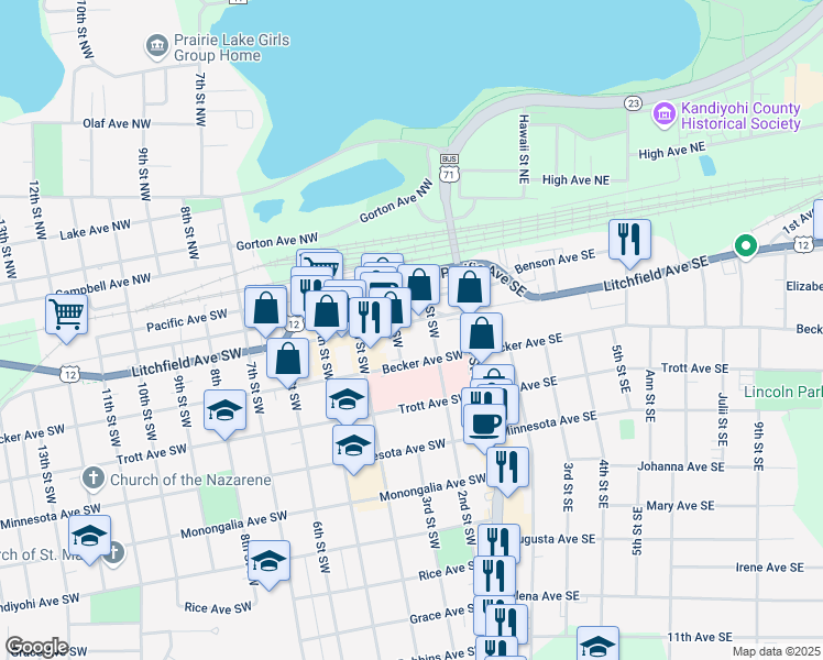 map of restaurants, bars, coffee shops, grocery stores, and more near 221 Litchfield Avenue Southwest in Willmar