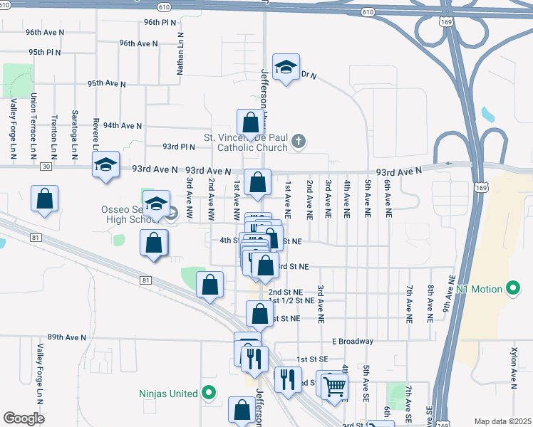 map of restaurants, bars, coffee shops, grocery stores, and more near 508 Central Avenue in Osseo