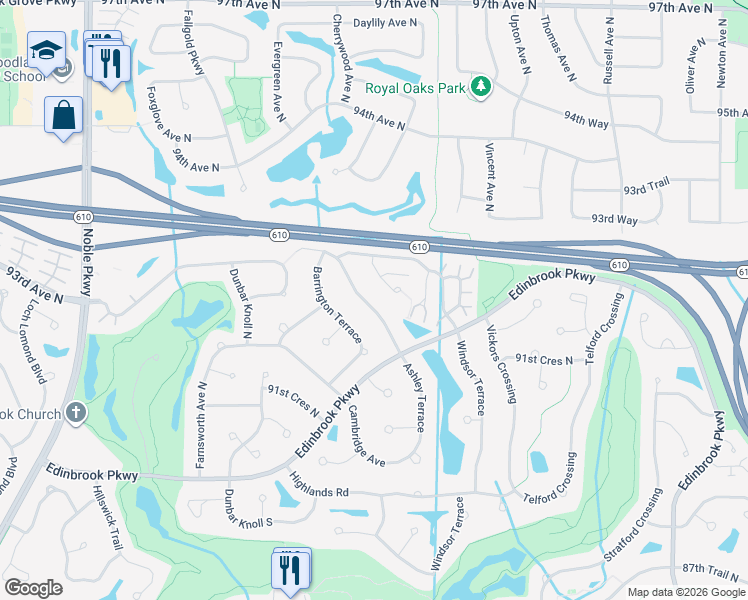 map of restaurants, bars, coffee shops, grocery stores, and more near 9200 Ashley Terrace in Minneapolis