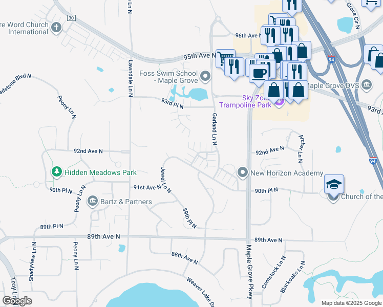 map of restaurants, bars, coffee shops, grocery stores, and more near 9191 Holly Lane North in Maple Grove