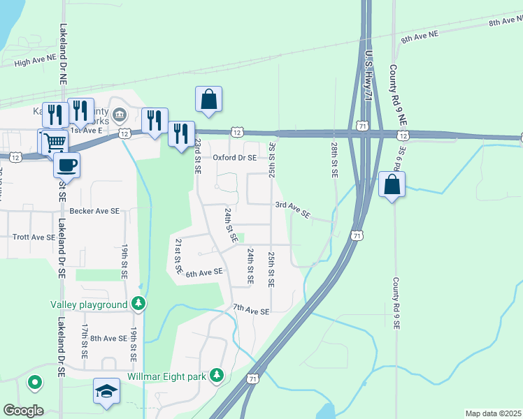 map of restaurants, bars, coffee shops, grocery stores, and more near 2433 3rd Avenue Southeast in Willmar