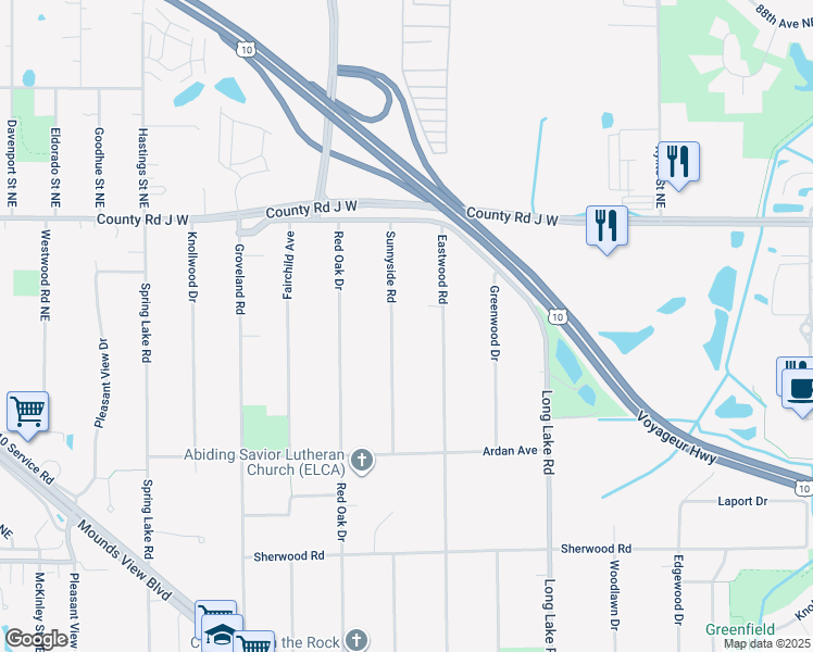 map of restaurants, bars, coffee shops, grocery stores, and more near 8395 Sunnyside Road in Mounds View