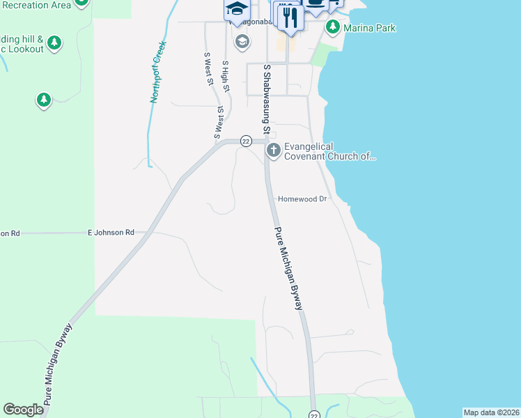 map of restaurants, bars, coffee shops, grocery stores, and more near 600 North West Bay Shore Drive in Northport