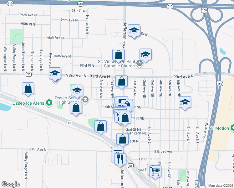 map of restaurants, bars, coffee shops, grocery stores, and more near 33 5th Street Northwest in Osseo