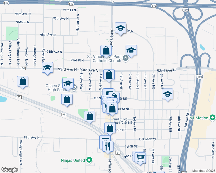 map of restaurants, bars, coffee shops, grocery stores, and more near 508 Central Avenue in Osseo