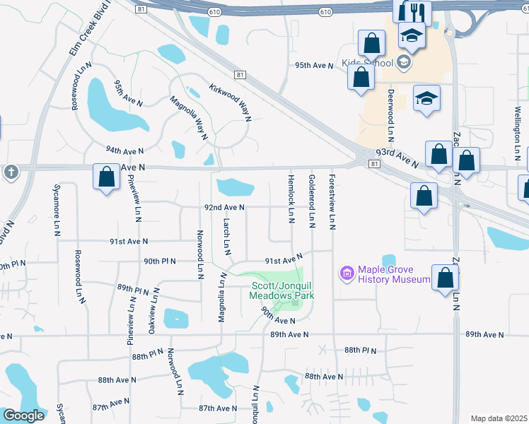map of restaurants, bars, coffee shops, grocery stores, and more near 12029 92nd Avenue North in Maple Grove