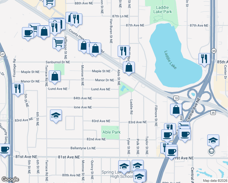 map of restaurants, bars, coffee shops, grocery stores, and more near 882 Lund Avenue Northeast in Minneapolis