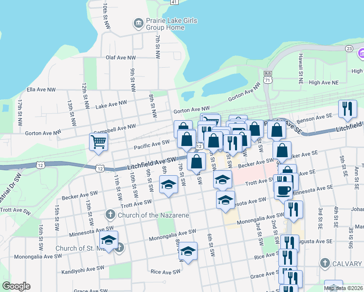 map of restaurants, bars, coffee shops, grocery stores, and more near 620 Benson Avenue Southwest in Willmar