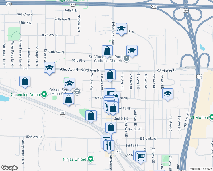 map of restaurants, bars, coffee shops, grocery stores, and more near 33 5th Street Northwest in Osseo