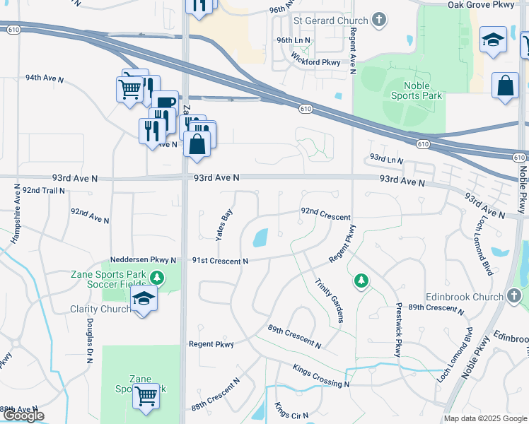 map of restaurants, bars, coffee shops, grocery stores, and more near 9137 Victoria Court in Minneapolis