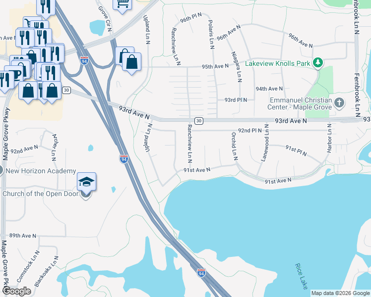 map of restaurants, bars, coffee shops, grocery stores, and more near 9194 Shenandoah Lane North in Maple Grove