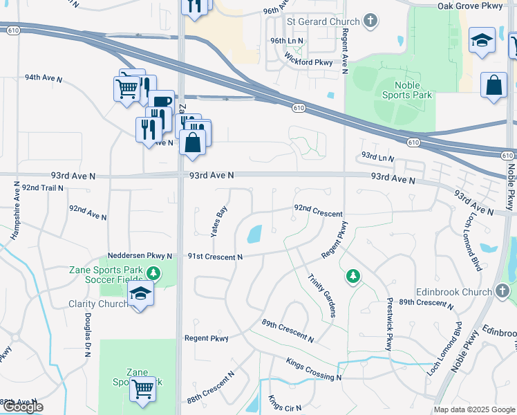 map of restaurants, bars, coffee shops, grocery stores, and more near 9137 Victoria Court in Minneapolis