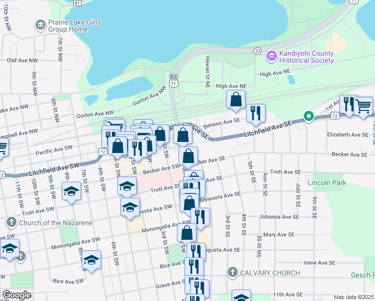 map of restaurants, bars, coffee shops, grocery stores, and more near 115 Becker Avenue Southeast in Willmar