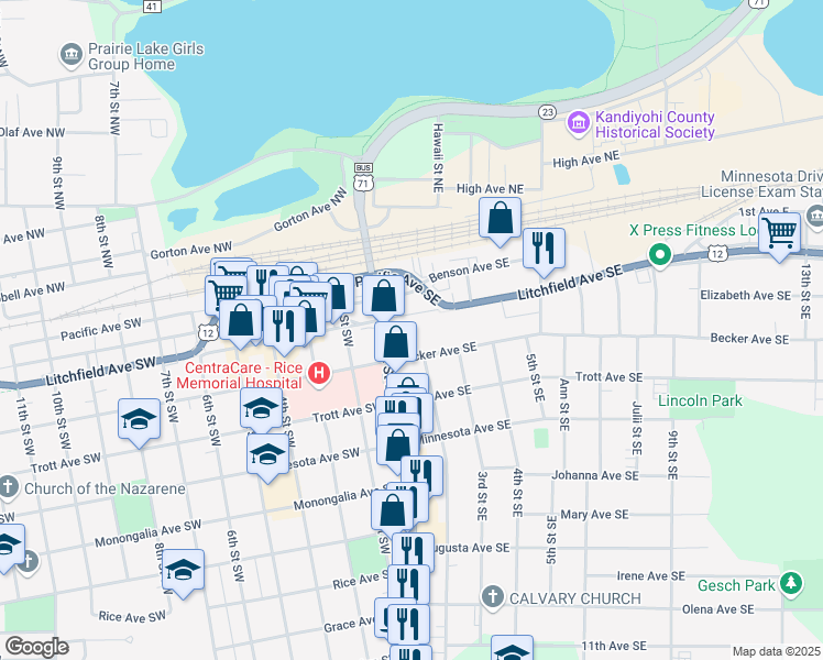 map of restaurants, bars, coffee shops, grocery stores, and more near 115 Becker Avenue Southeast in Willmar