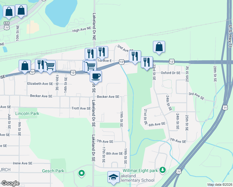 map of restaurants, bars, coffee shops, grocery stores, and more near 1801 Becker Avenue Southeast in Willmar