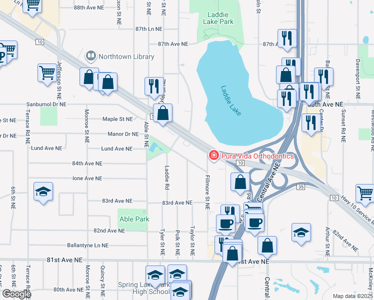 map of restaurants, bars, coffee shops, grocery stores, and more near 1063 Manor Drive Northeast in Minneapolis