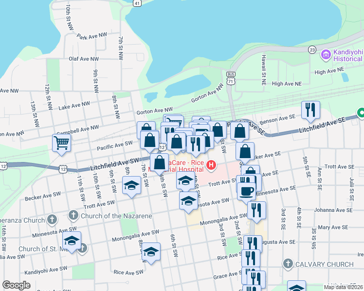 map of restaurants, bars, coffee shops, grocery stores, and more near 426 Litchfield Avenue Southwest in Willmar