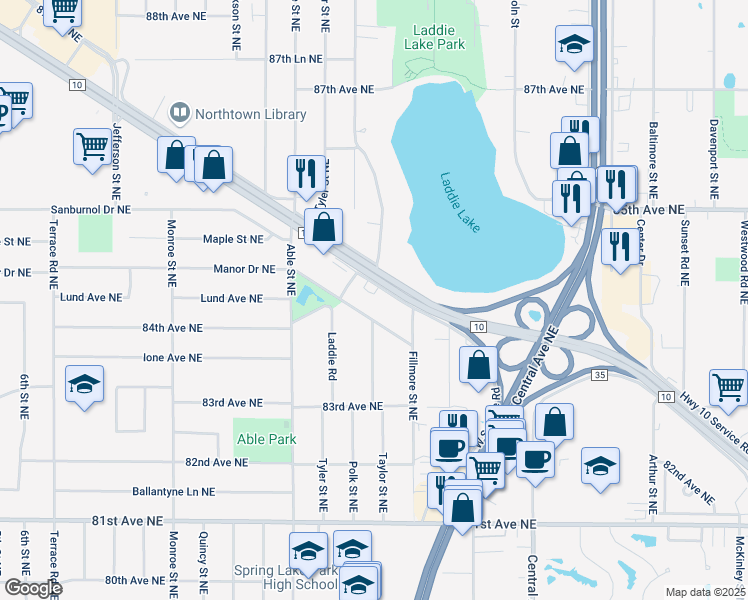 map of restaurants, bars, coffee shops, grocery stores, and more near 1063 Manor Drive Northeast in Minneapolis