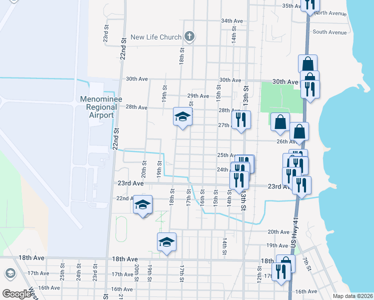 map of restaurants, bars, coffee shops, grocery stores, and more near 1601-1699 25th Avenue in Menominee