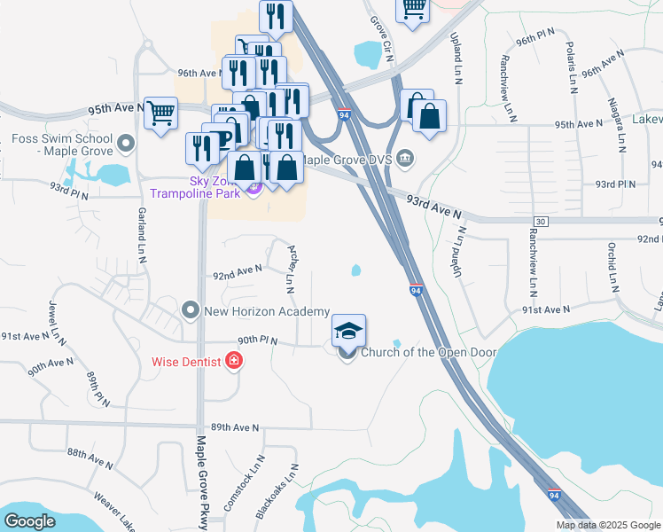 map of restaurants, bars, coffee shops, grocery stores, and more near 9150 Zanzibar Lane North in Maple Grove