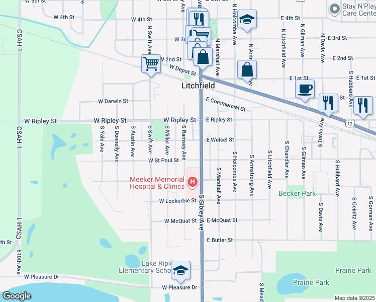 map of restaurants, bars, coffee shops, grocery stores, and more near 24 West Street Paul Street in Litchfield
