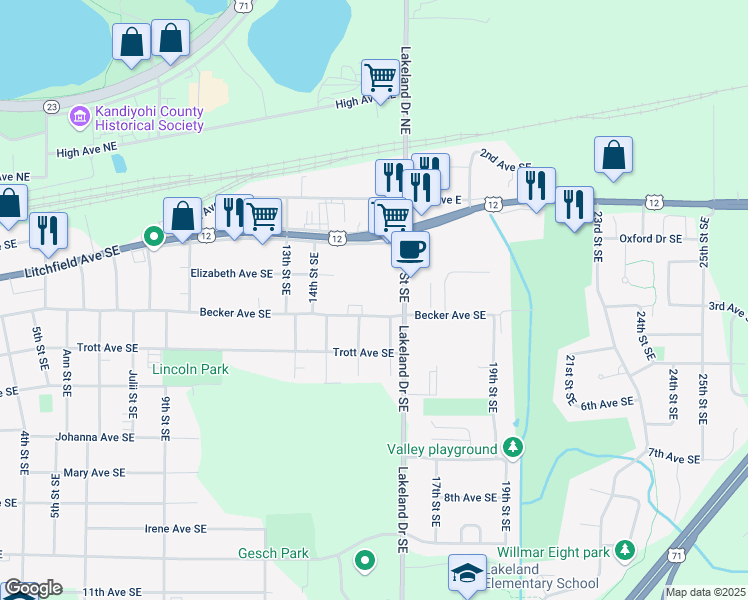 map of restaurants, bars, coffee shops, grocery stores, and more near 1512 Becker Avenue Southeast in Willmar