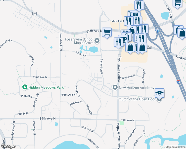 map of restaurants, bars, coffee shops, grocery stores, and more near 9191 Holly Lane North in Maple Grove