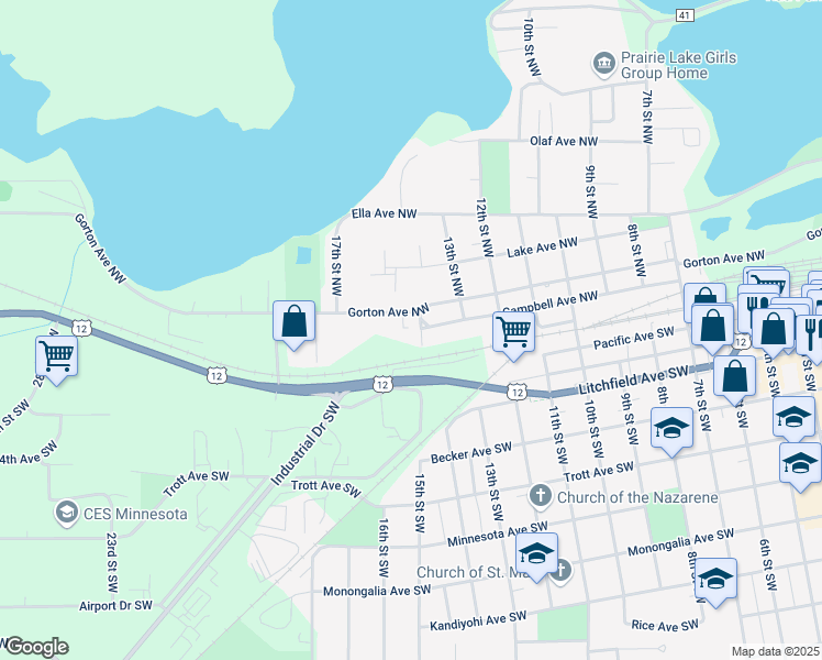 map of restaurants, bars, coffee shops, grocery stores, and more near 109 14th Street Northwest in Willmar