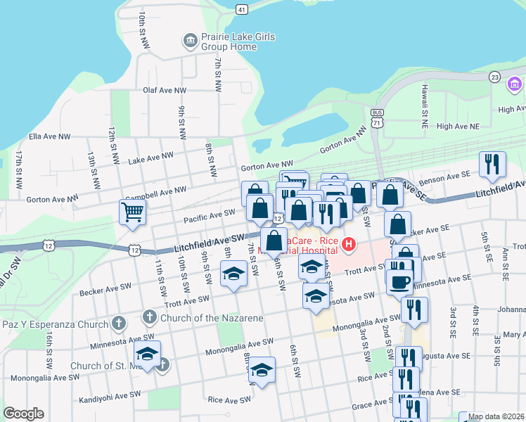 map of restaurants, bars, coffee shops, grocery stores, and more near 102 6th Street Southwest in Willmar