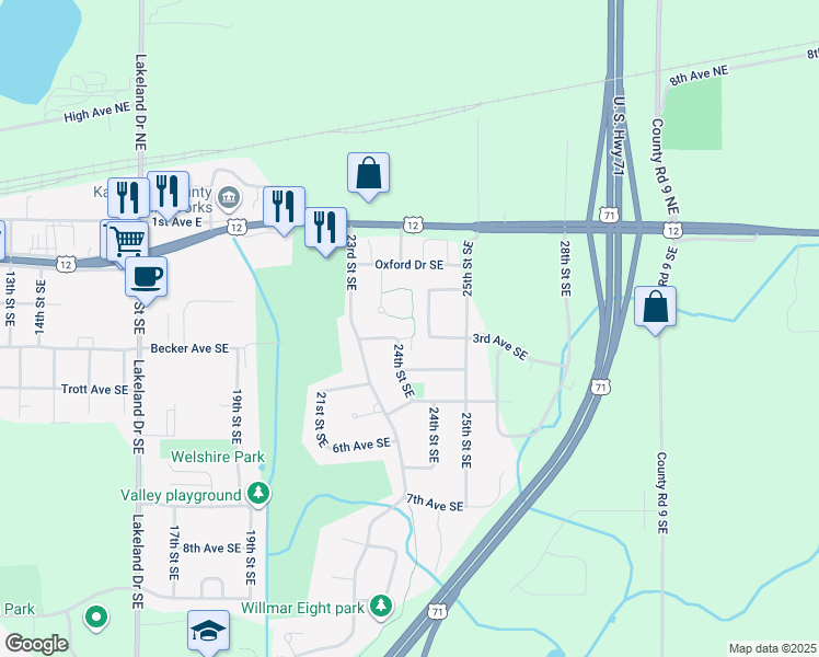 map of restaurants, bars, coffee shops, grocery stores, and more near 2409 3rd Avenue Southeast in Willmar
