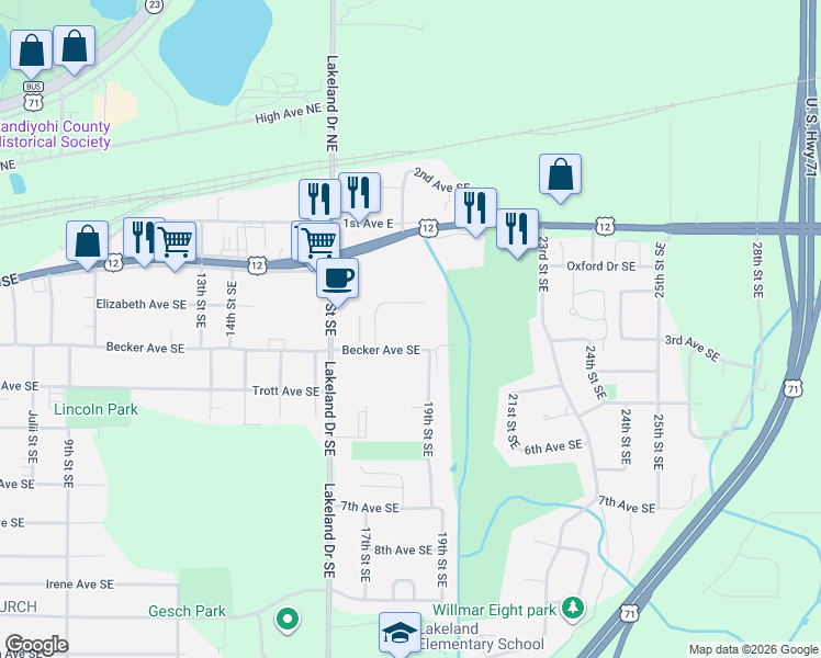 map of restaurants, bars, coffee shops, grocery stores, and more near 1801 Becker Avenue Southeast in Willmar