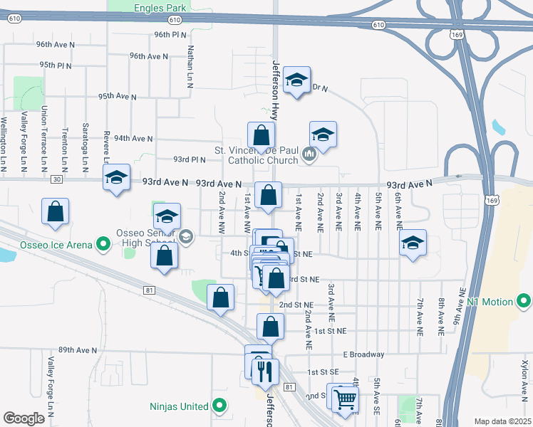 map of restaurants, bars, coffee shops, grocery stores, and more near 20 6th Street Northwest in Osseo