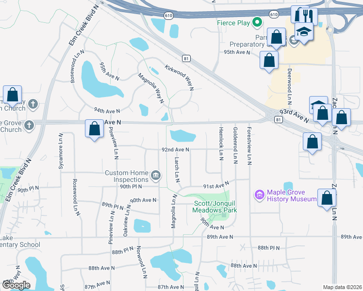 map of restaurants, bars, coffee shops, grocery stores, and more near 12162 92nd Avenue North in Maple Grove