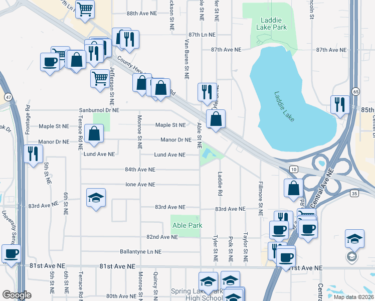 map of restaurants, bars, coffee shops, grocery stores, and more near 882 Lund Avenue Northeast in Minneapolis