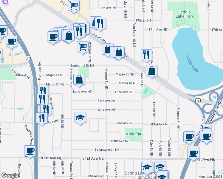 map of restaurants, bars, coffee shops, grocery stores, and more near 700 Lund Avenue Northeast in Minneapolis