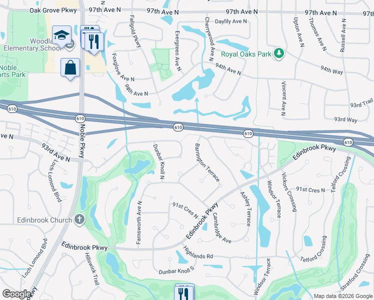 map of restaurants, bars, coffee shops, grocery stores, and more near 9242 Dunbar Knoll Circle North in Minneapolis