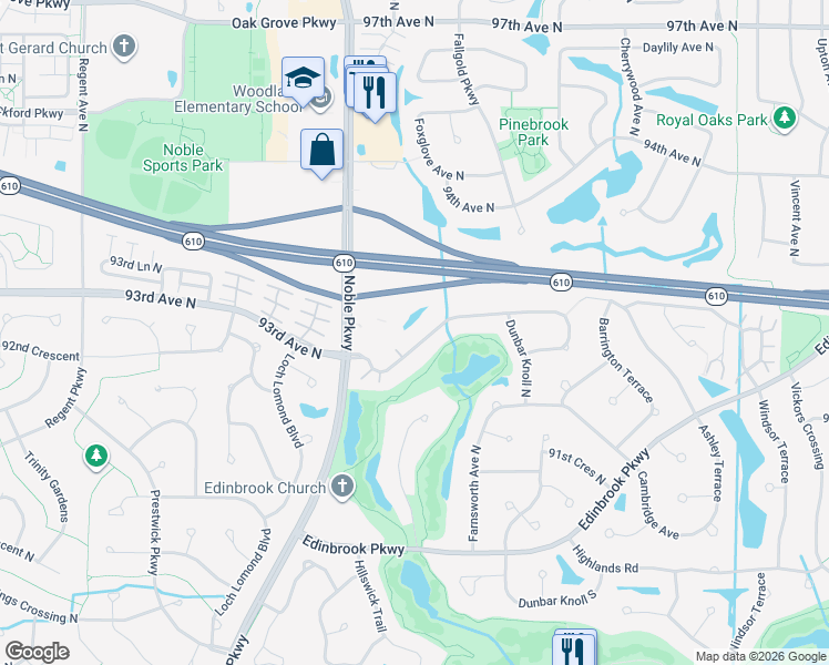 map of restaurants, bars, coffee shops, grocery stores, and more near 4101 93rd Avenue North in Minneapolis