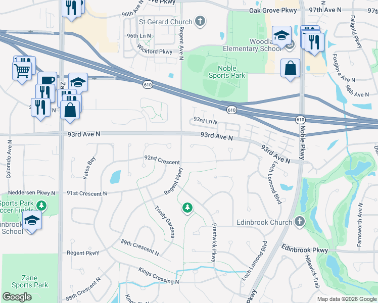 map of restaurants, bars, coffee shops, grocery stores, and more near 5001 92nd Crescent in Brooklyn Park