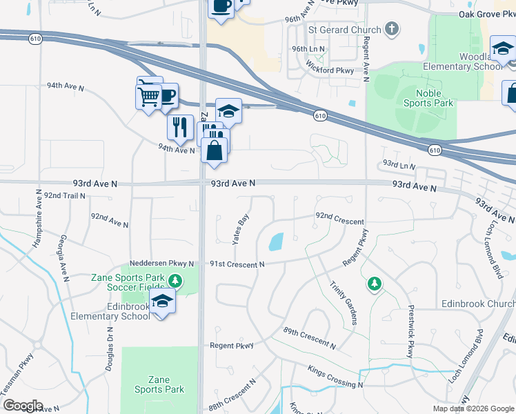 map of restaurants, bars, coffee shops, grocery stores, and more near 9149 Woodhall Crossing in Minneapolis