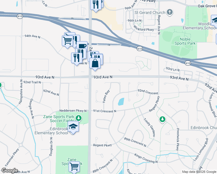 map of restaurants, bars, coffee shops, grocery stores, and more near 9146 Yates Bay Court in Brooklyn Park