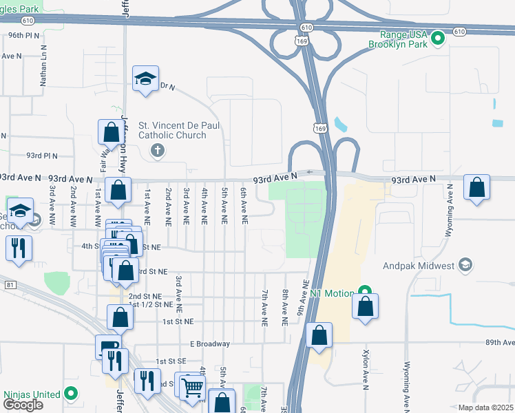 map of restaurants, bars, coffee shops, grocery stores, and more near 608 North Oaks Drive in Osseo
