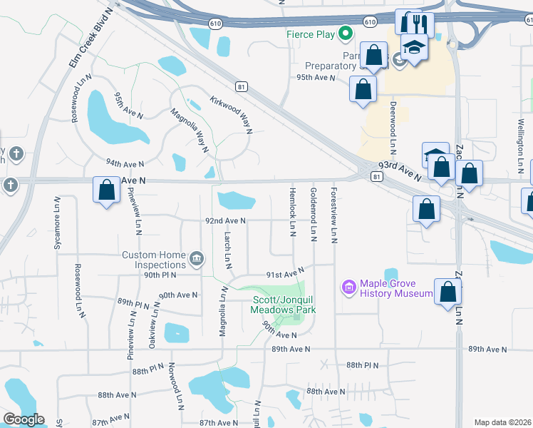 map of restaurants, bars, coffee shops, grocery stores, and more near 12029 92nd Avenue North in Maple Grove